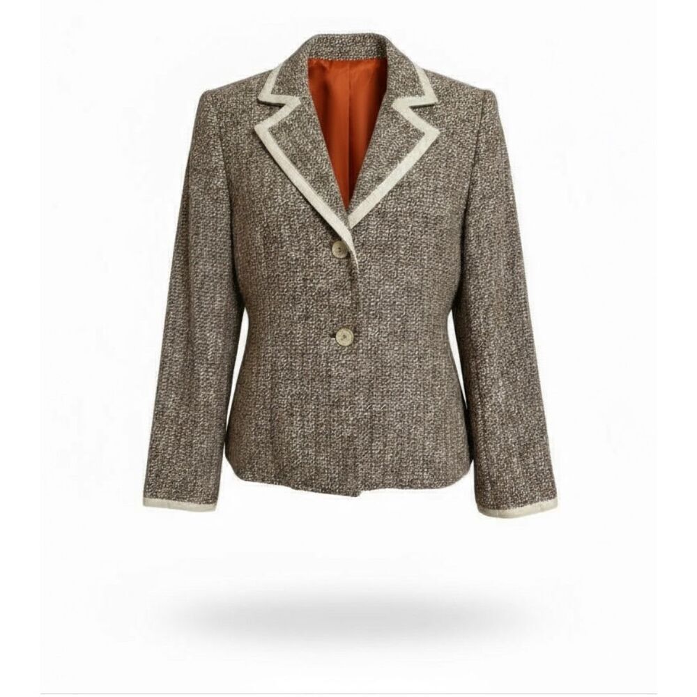 Bigio Collection Tweed Two Button Notch Lapel Fully Lined Blazer Tan Size 8